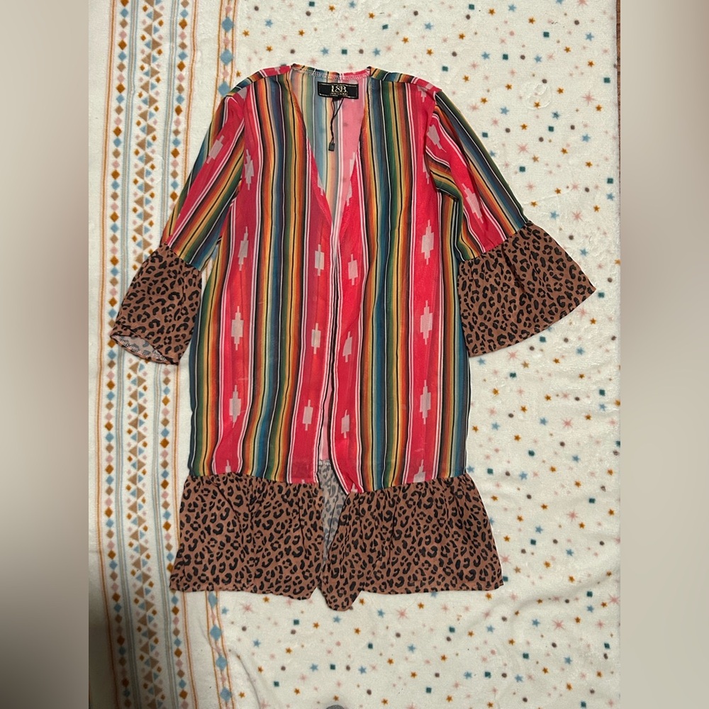 Colorful Striped L&B Kimono with Leopard Print Girls Medium